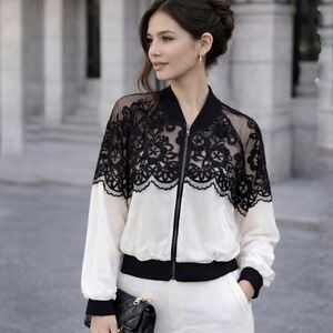 YYIGAL Sheer Lace Bomber Jacket Blouse Black & Ivory Chic Zip Front  M